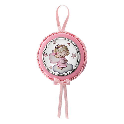 Medallón para cuna Thilia redondo rosa angelito en una nube con estrellas 1