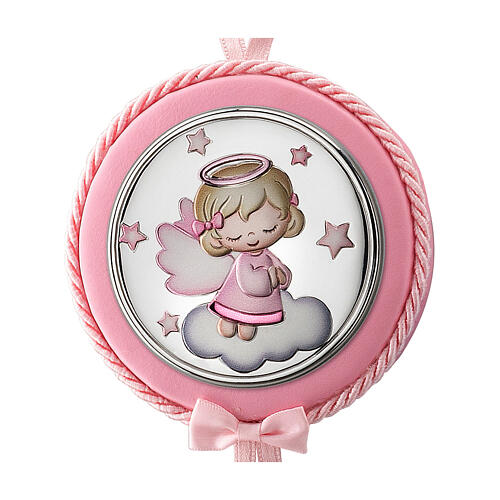 Médaille ronde pour berceau Thilia petit ange rose sur un nuage avec étoiles 3