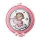 Round pink baby crib ornament with angel on a cloud with stars, Thilia s3
