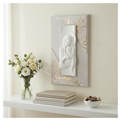 Modern Madonna with Child painting, white finish with gold accents, 28x16 in 2