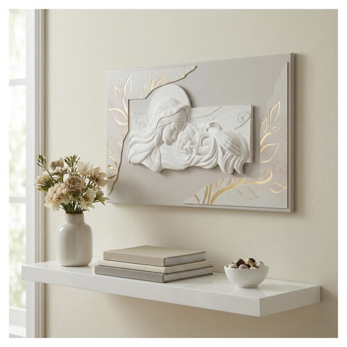 Modern Relief Panel Virgin and Child 40x70 cm, White and Gold 2