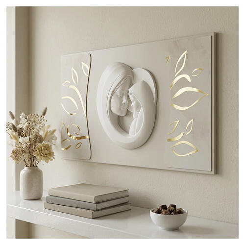 Madonna with Child wooden picture, white and gold, 16x28 in 2
