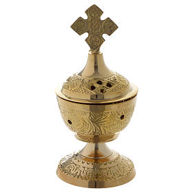 Incense burner in golden brass with cap, decorated