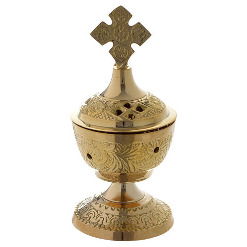 Incense burner in golden brass with cap, decorated 1