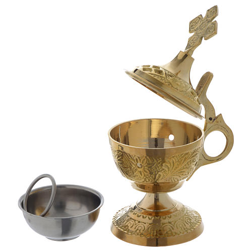 Incense burner in golden brass with cap, decorated 3
