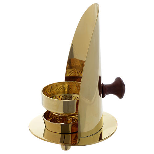 Incense burner in golden brass with wood handle 2