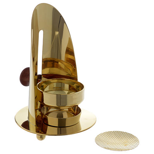 Incense burner in golden brass with wood handle 4