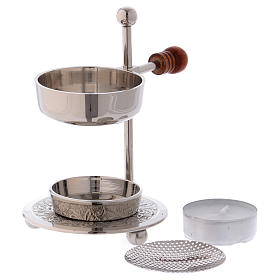 Incense burner in silver-plated brass with wooden pommel 11 cm