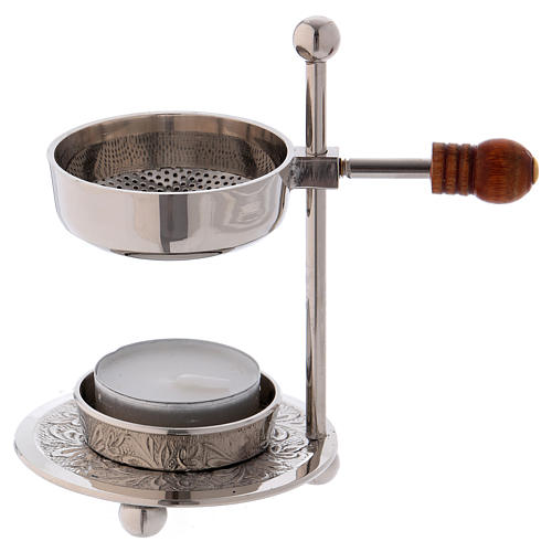 Incense burner in silver-plated brass with wooden pommel 11 cm 1