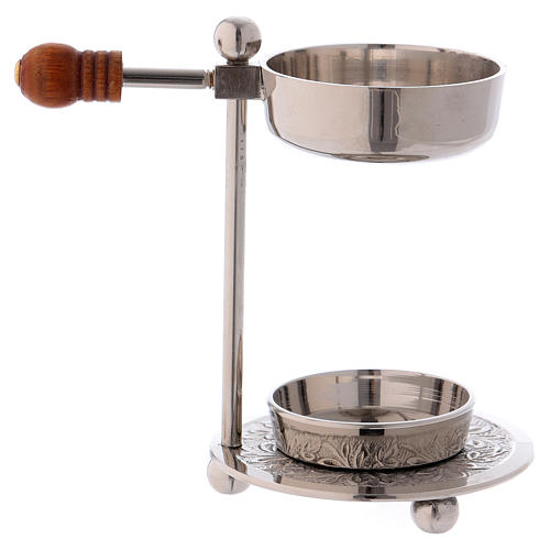 Incense burner in silver-plated brass with wooden pommel 11 cm 4