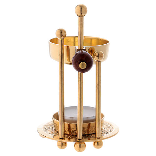 Gold plated polish brass incense burner three-feet base wood handle 4 1/4 in 3