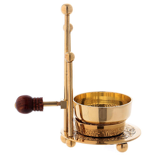 Gold plated polish brass incense burner three-feet base wood handle 4 1/4 in 4