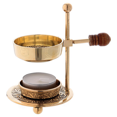 Gold plated brass incense burner with wood handle 4 1/4 in 1