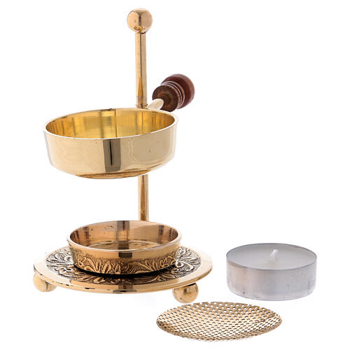 Gold plated brass incense burner with wood handle 4 1/4 in 2