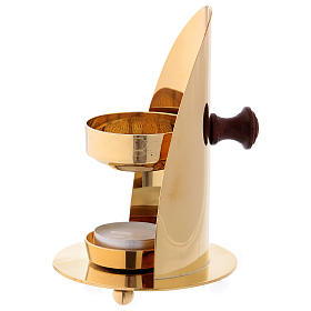 Incense burner in glossy gold-plated brass with wooden pommel 12 cm