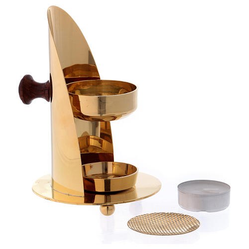 Incense burner in glossy gold-plated brass with wooden pommel 12 cm 3