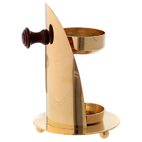 Incense burner in gold plated polish brass with wood handle 4 3/4 in 6