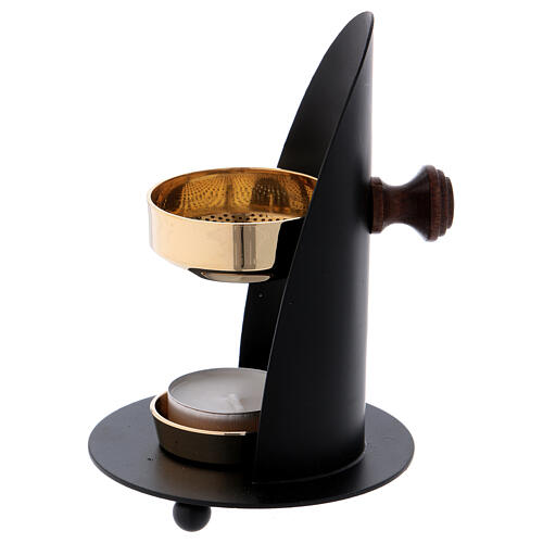 Incense burner in black brass with wood handle 4 3/4 in 1