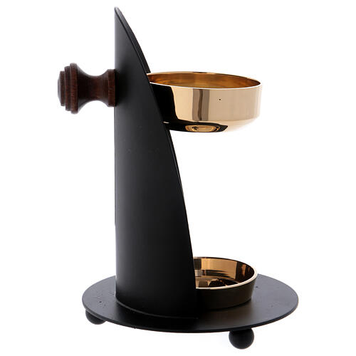 Incense burner in black brass with wood handle 4 3/4 in 6