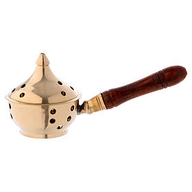 Incense burner in gold-plated brass with wooden handle