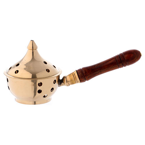 Incense burner in gold-plated brass with wooden handle 1