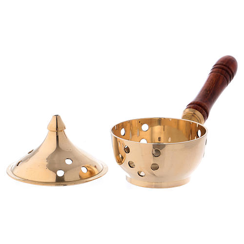 Incense burner in gold-plated brass with wooden handle 2