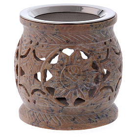 Incense burner with smooth lines in marbled sand-colour soapstone with purple nuances