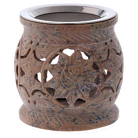 Decorated incense burner in sand colored marbled soapstone
