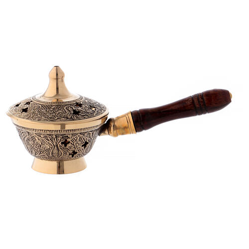 Incense burner in gold plated brass with wood handle h 3 in 1