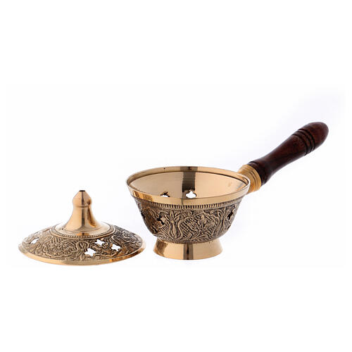 Incense burner in gold plated brass with wood handle h 3 in 2