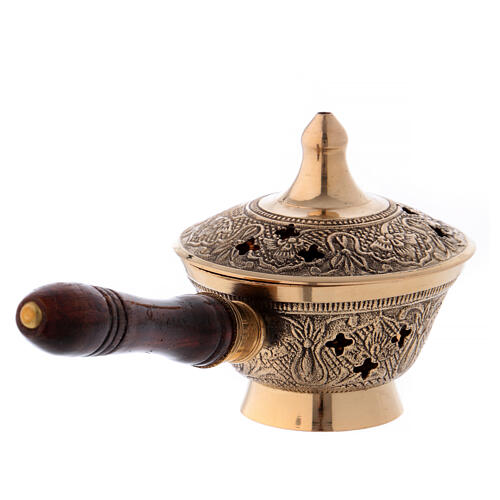 Incense burner in gold plated brass with wood handle h 3 in 3