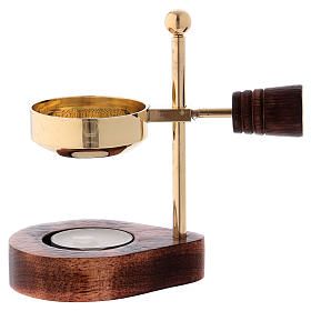 Incense burner with wooden base and pan in brass 12 cm