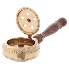 Decorated incense burner in gold plated brass with handle