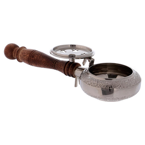 Incense burner in nickel-plated brass with lid decorated with stars and wooden handle 2