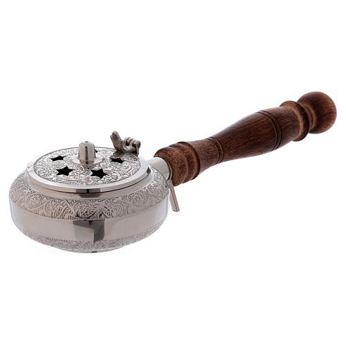 Incense burner in nickel-plated brass with lid decorated with stars and wooden handle 3