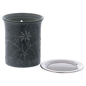 Incense burner in grey soapstone with flower-shaped decorations h. 9 cm