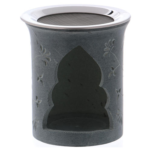 Incense burner in grey soapstone with flower-shaped decorations h. 9 cm 1