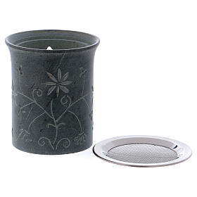 Incense burner in grey soapstone flowers h 3 1/2 in