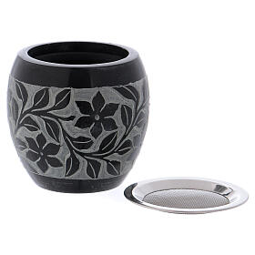 Incense burner in black and grey soapstone flowers h 3 in
