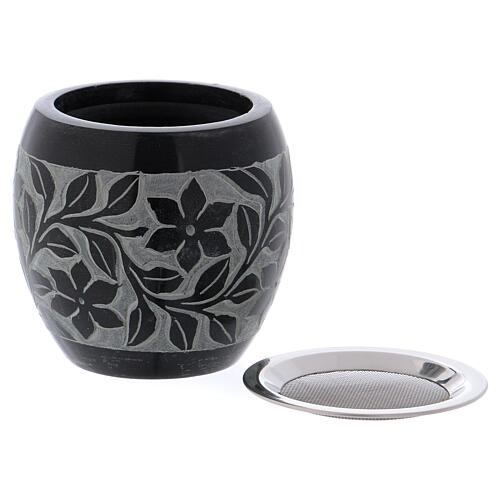 Incense burner in black and grey soapstone flowers h 3 in 2