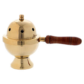 Golden brass incense burner and wooden handle h 11 cm