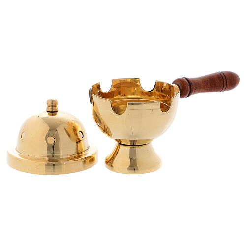 Golden brass incense burner and wooden handle h 11 cm 2