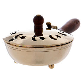 Incense burner with moons and stars in golden brass and wooden handle
