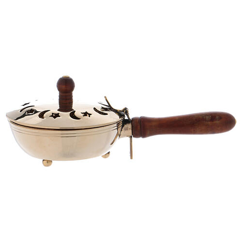 Incense burner with moons and stars in golden brass and wooden handle 1