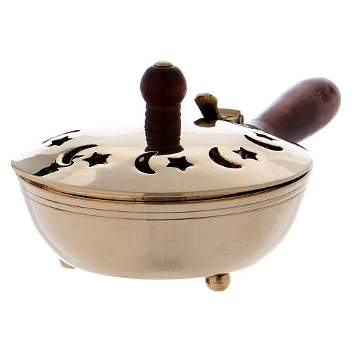Incense burner with moons and stars in golden brass and wooden handle 2