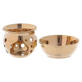 Burning incense with candle holder and plate in golden brass