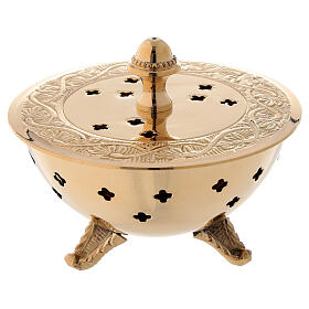 Flat incense burner in engraved gold plated brass diameter 4 in