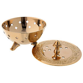 Flat incense burner in engraved gold plated brass diameter 4 in