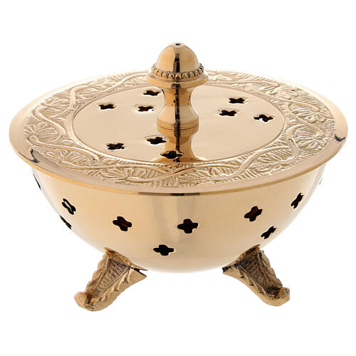 Flat incense burner in engraved gold plated brass diameter 4 in 1