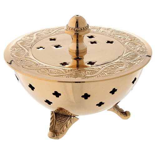 Flat incense burner in engraved gold plated brass diameter 4 in 3